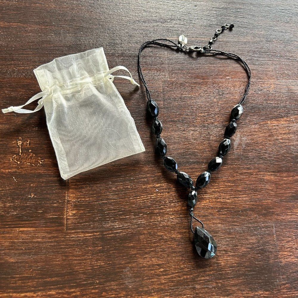 WHBM White House Black Market Black Stone Dangle Necklace with Seed Bead Details
